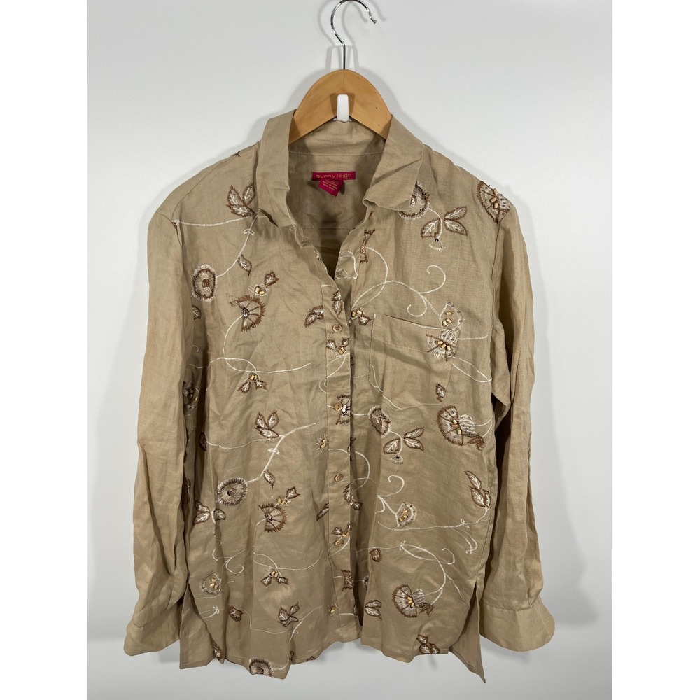 Womens 100% Linen Button Down L Beige Beaded Embroidered Resort Euro Summer